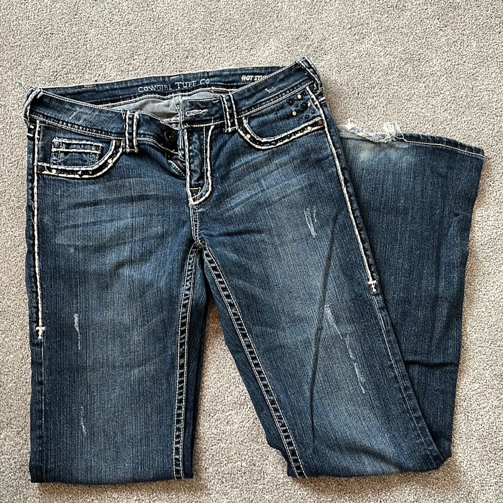 Cowgirl Tuff Dark Wash Distressed Bootcut Jeans